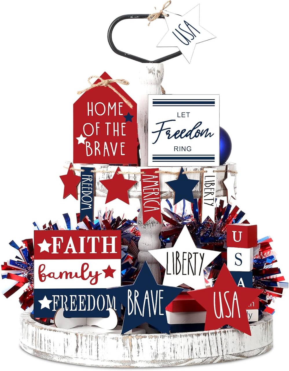 15-Piece 4th of July Tiered Tray Decor – Patriotic Red, White & Blue Wood Signs for Independence Day, Memorial Day & 250th Anniversary USA Party Farmhouse Home Decorations